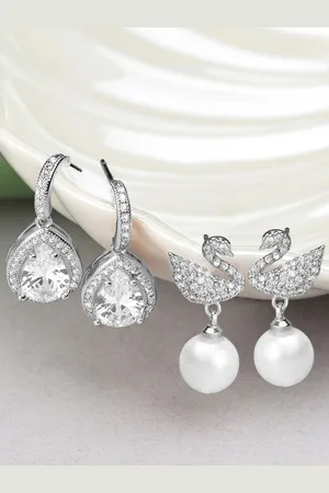 Ami Set of 2 Silver-Plated Cubic Zirconia & Pearls Drop Earrings