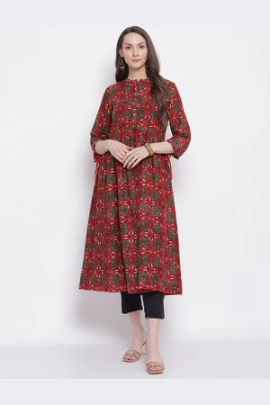 CANTABIL Women Red & Olive Green Printed Block Print Cotton Anarkali Kurta