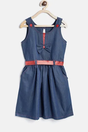 StyleStone Girls Navy Blue Solid Denim Fit & Flare Dress