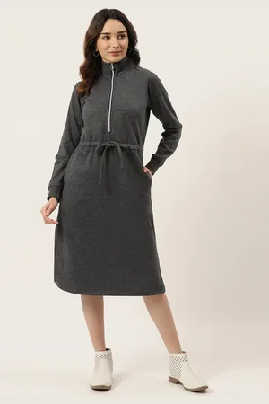 BRINN Charcoal Grey Fleece Sweatshirt Style Midi Dress