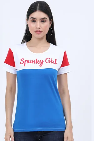 Fleximaa Women Blue & White Colourblocked Round Neck Cotton T-shirt