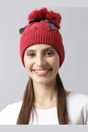 Loom Legacy Women Red 7 Black Embellished Acrylic Beanie