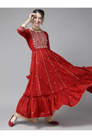 Ishin Women Maroon & Silver Bandhani Printed Frills Bows & Ruffles Cotton Anarkali Kurta