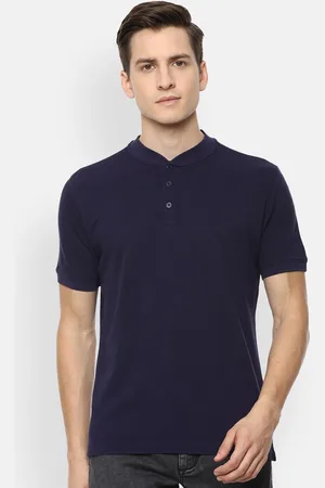 V Dot Men Navy Blue Henley Neck Pockets Slim Fit T-shirt