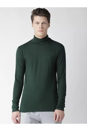 CHKOKKO Men Green Solid High Neck T-shirt