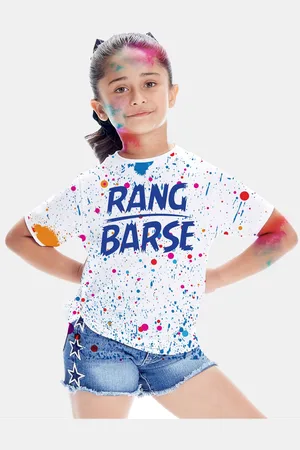 BONKIDS Girls White Rang Barse Holi Printed Short sleeves T-shirt
