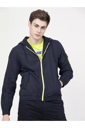 LocoMotive Men Navy Blue Solid Hooded Tailored Cotton Jacket