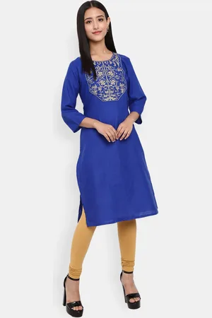 Desi Mix Women Blue Floral Yoke Design Thread Work Kurta