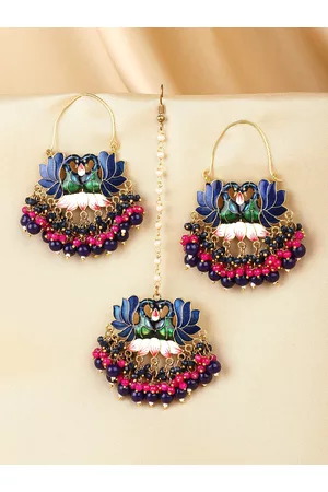 Yellow Chimes Women Multicolored Beads Peacock Meenakari Drop Earrings With Maang Tikka