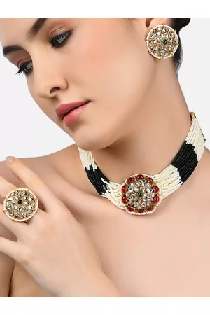 Zaveri Pearls Gold-Plated Off White & Green Stone-Studded Pearls Beaded Layered Jewellery Set