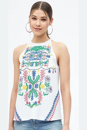 Harpa Women White Floral Print Bohemian Top