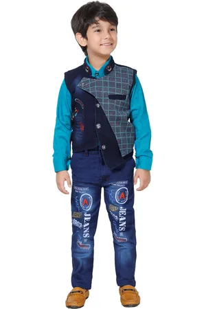 DKGF FASHION Boys Turquoise Blue Printed Shirt with Trousers & Waistcoat