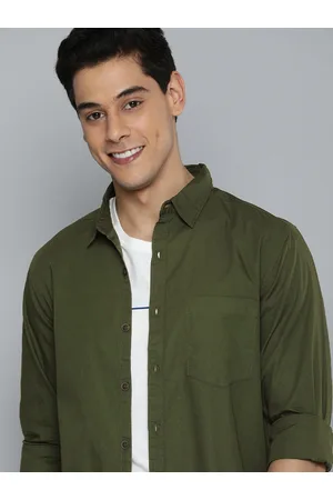 HARVARD Men Olive Green Solid Pure Cotton Casual Shirt