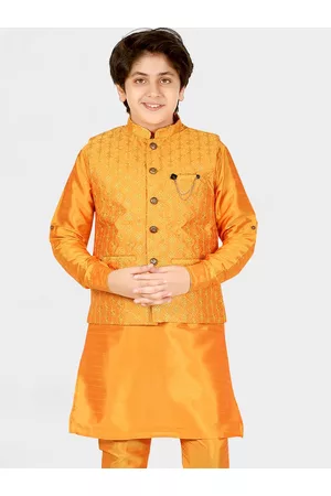 CAVIO Boys Gold-Toned Thread Work Kurta with Pyjamas & With Nehru Jacket