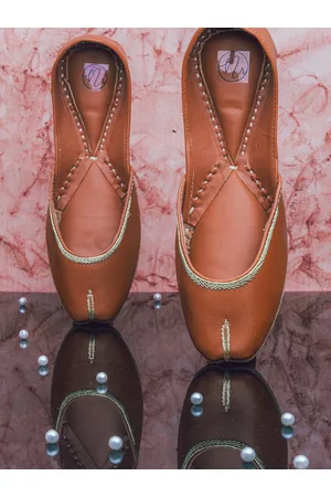 Nidhi Rathi Women Tan Embellished Leather Ethnic Mojaris Flats