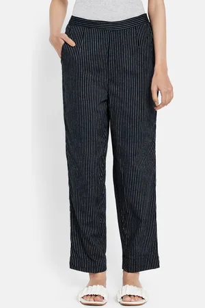 Fabindia Women Black & White Striped Cotton Trousers