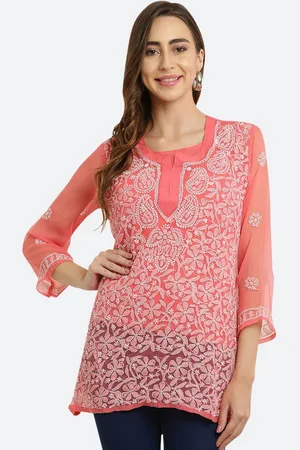 FAWOMENT Peach Floral Chikankari Embroidered Kurti