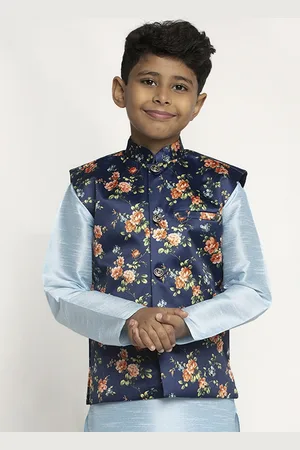 Kraft Boys Navy Blue & Orange Printed Satin Nehru Jacket