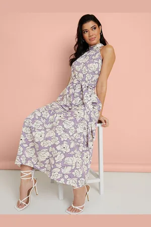 Styli Women Halter Neck Printed A-Line Maxi Dress with Belt