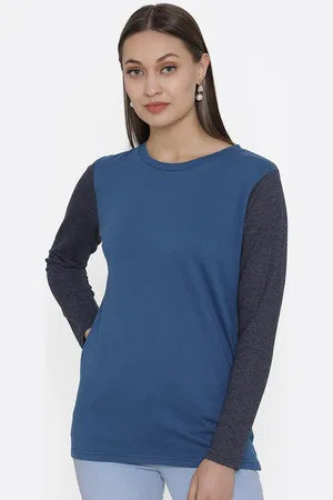 DOOR74 Women Blue & Black Colourblocked T-shirt