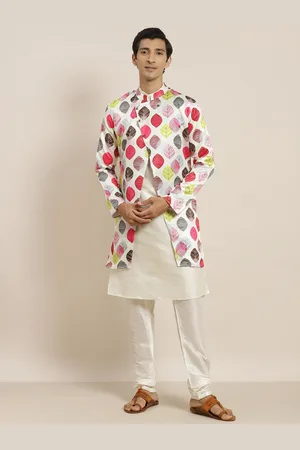 SOJANYA Men Off White Printed Kurta Set With Jacket