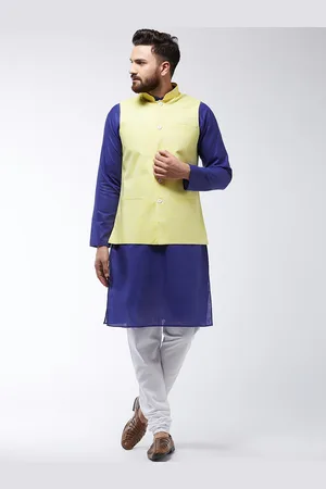 SOJANYA Men Blue & Yellow Solid Kurta And Churidar With Jacket