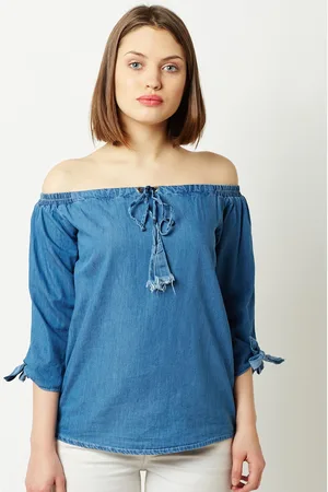 Miss Chase Women Blue Solid Denim Bardot Top