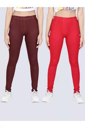 StyleStone Girls Pack Of 2 Red & Brown Solid Cotton Jeggings