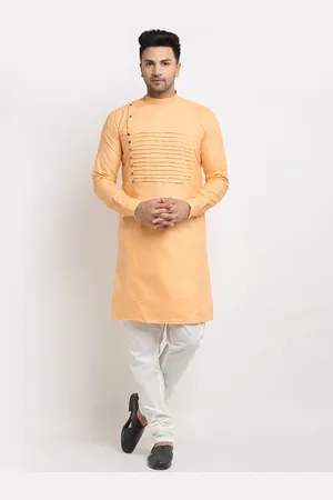 Kaifoo Men Peach-Coloured Embroidered Pleated Kurta with Pyjamas