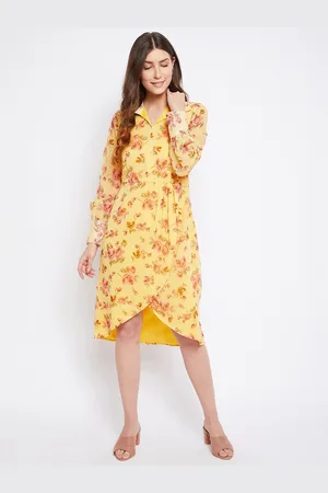 Imfashini Women Yellow Floral Georgette Shirt Dress