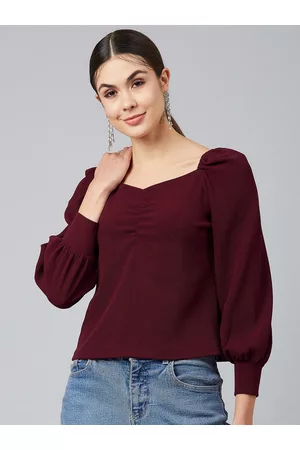 marie claire Women Maroon Sweetheart Neck Puff Sleeves Crepe Top