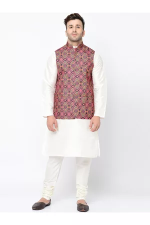 Kaifoo Men White Paisley Kurta with Churidar & Nehru Jacket