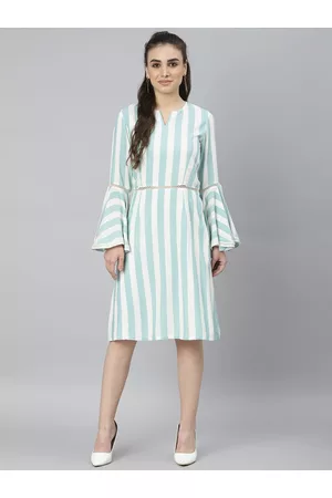DEEBACO Women Green & Blue Striped Flared Sleeved A-lined Dress With Lace