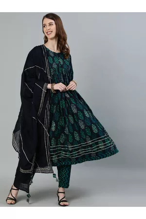 Ishin Women Navy Blue Ethnic Motifs Embroidered Panelled Pure Cotton Kurti with Trousers & With Dupatta