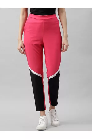 ATHENA Women Fuchsia & Black Colourblocked Skinny Fit Regular Trousers