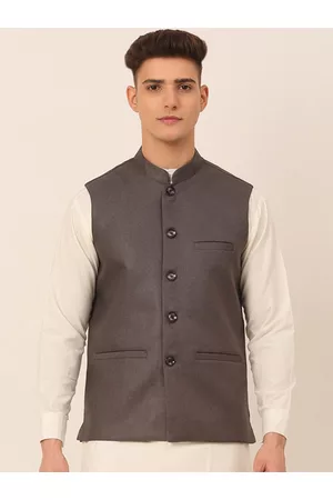 Jompers Men Charcoal Black Solid Woven Nehru Jackets