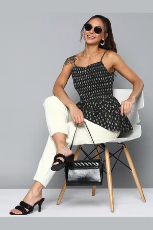 HERE&NOW Women Black & White Pure Cotton Geometric Print Smocked Top