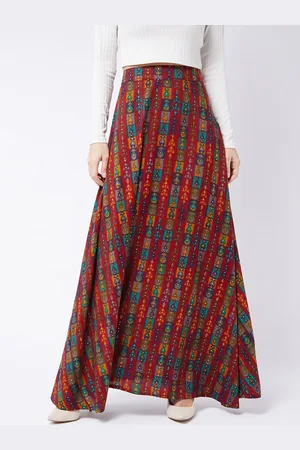 InWeave Women Red & Blue Abstract Printed A-Line Flared Maxi Skirt