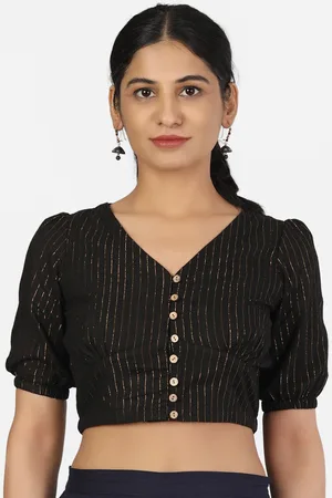 Llajja Women Black & Gold-Colored Woven Design Cotton Saree Blouse