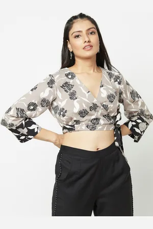 Fabindia Grey Floral Linen Wrap Crop Top