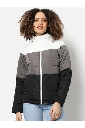 Campus Women White & Grey Colourblocked Hooded Outdoor Padded Jacket