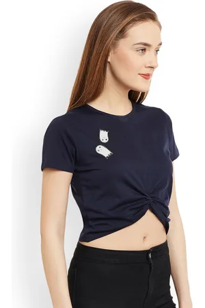 Miss Chase Women Navy Blue Solid Pure Cotton Top