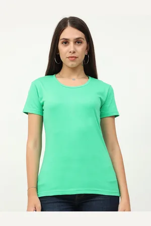 Fleximaa Women Green Solid Cotton T-shirt