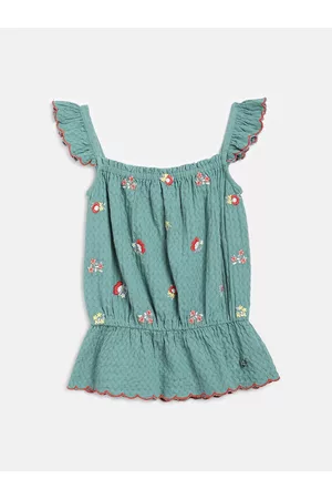 Blue Giraffe Girls Green Floral Embroidered A-Line Top