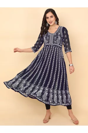 HERE&NOW HERENOW Women Chikankari Embroidered Thread Work Georgette Anarkali Kurta