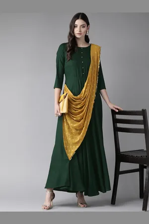 Ahalyaa Women Green & Mustard Yellow Solid Maxi Dress With Attached Dupatta