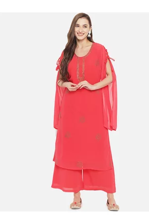 Aujjessa Women Coral Red Swarvoski Kurta with Palazzos