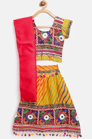 BownBee Girls Mustard Yellow & Red Embroidered Ready to Wear Chaniya Choli