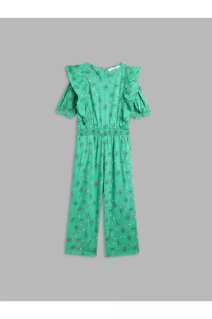 Elle Girls Green Printed Basic Jumpsuit with Ruffles