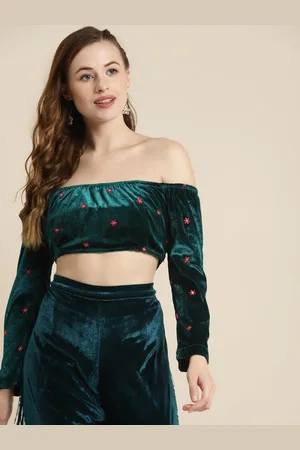 Sassafras Teal & Gold-Toned Floral Embroidered Off-Shoulder Velvet Regular Crop Top